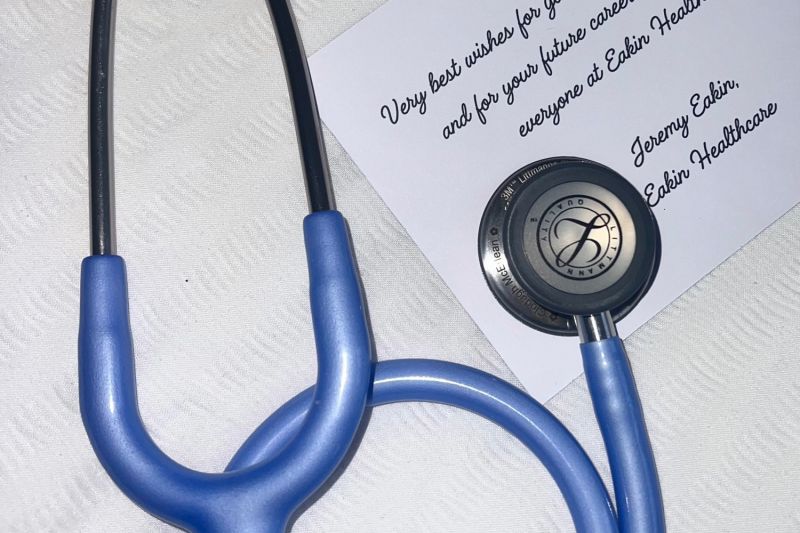 Stethoscope pictures beside a Good Luck message from Eakin Healthcare